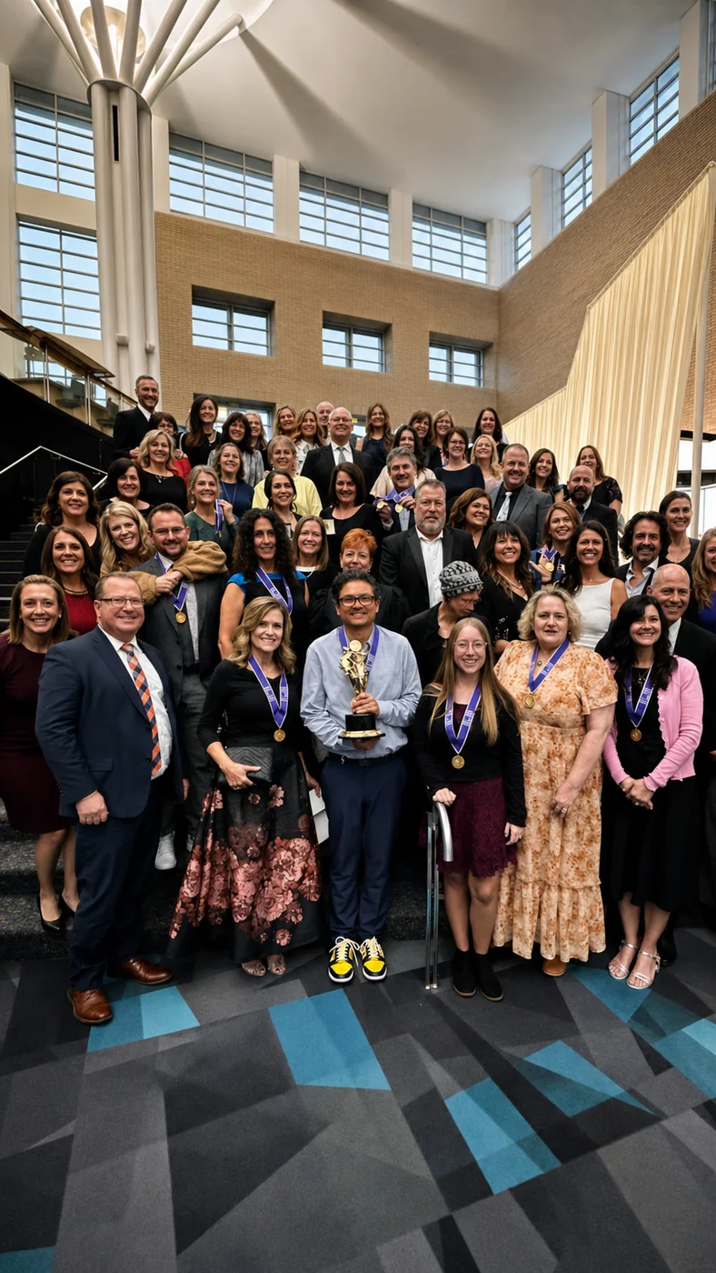 Best of State awards night — honorees gathered on the staircase, statue in hand